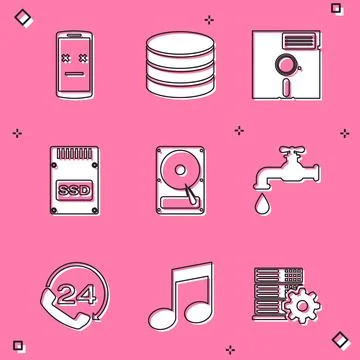 Set Dead mobile, Database, Floppy disk in the 5.25-inch, SSD card, Hard dri.. Stock Illustration