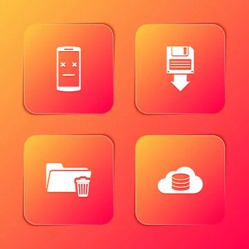 Set Dead mobile, Floppy disk backup, Delete folder and Cloud database icon Illustrazione stock