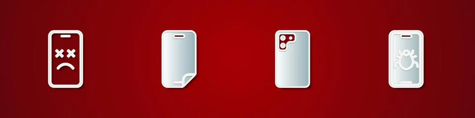 Set Dead mobile, Glass screen protector, Smartphone and System bug icon. Vector Stock Illustration