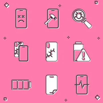 Set Dead mobile, Mobile with broken screen, System bug, Smartphone battery Illustrazione stock