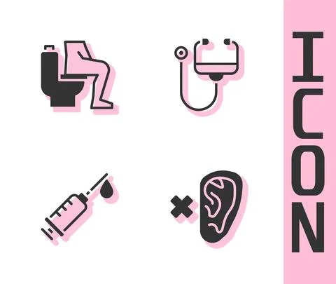 Set Deaf, Constipation, Syringe and Stethoscope icon. Vector Stock Illustration