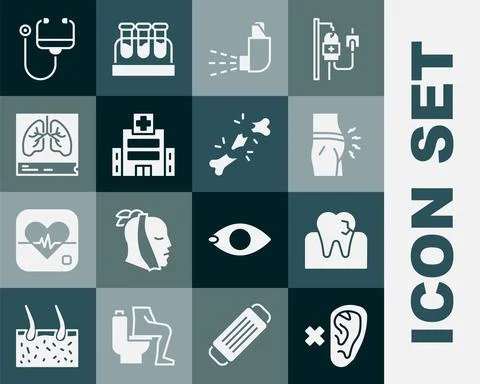 Set Deaf, Tooth with caries, Abdominal bloating, Inhaler, Medical hospital Stock Illustration