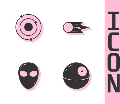 Set Death star, Solar system, Alien and Comet falling down fast icon. Vector Stock Illustration