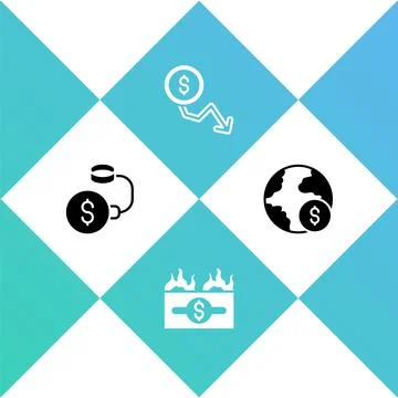 Set Debt ball chained to coin, Burning dollar bill, Dollar rate decrease and 库存插图