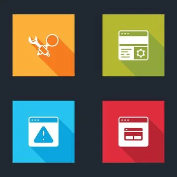 Set Debugging, , Browser with exclamation mark and Search engine icon. Vector Stock Illustration