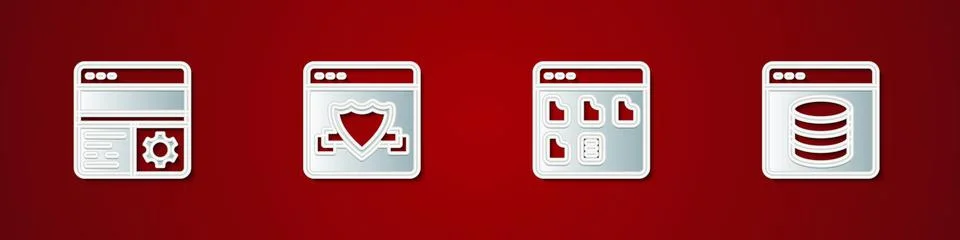 Set Debugging, Browser with shield, files and Server, Data, Web Hosting icon Stock Illustration