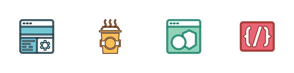 Set Debugging, Coffee cup to go, Software and Programming language syntax i.. Stock Illustration