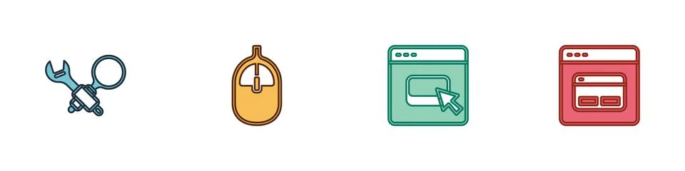 Set Debugging, Computer mouse, Browser files and Search engine icon. Vector Illustrazione stock