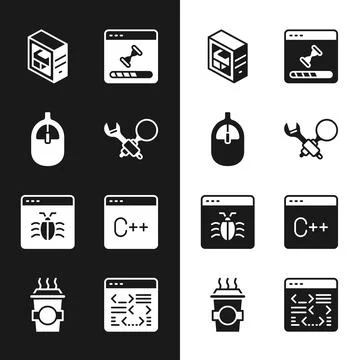 Set Debugging, Computer mouse, Loading data window, System, Software, and Coffee Stock Illustration