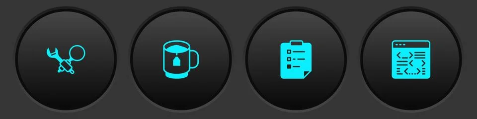Set Debugging, Cup of tea with tea bag, Clipboard checklist and Software icon Ilustración de archivo