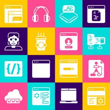 Set Debugging, Flowchart, Computer monitor screen, Processor with microcircuits Illustrazione stock