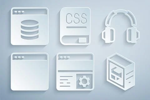 Set Debugging, Headphones, Browser window, Computer, Books about programming and Stock Illustration