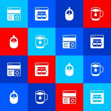 Set Debugging, MySQL code, Computer mouse and Cup of tea with tea bag icon Stock Illustration