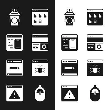 Set Debugging, Software, Coffee cup to go, Browser files, Search engine, System Illustrazione stock