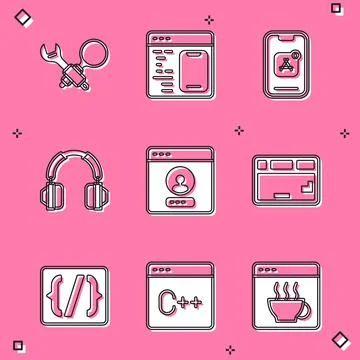 Set Debugging, Software, Mobile Apps, Headphones, Create account screen Stock Illustration