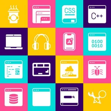 Set Debugging, System, Binary code, Books about programming, Headphones, Laptop Stock Illustration