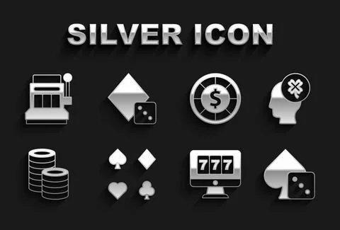 Set Deck of playing cards, Casino slot machine with clover, Game dice, Online Stock Illustration