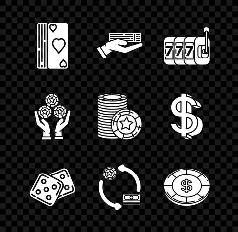 Set Deck of playing cards, Hand holding deck, Slot machine with lucky sevens 스톡 일러스트