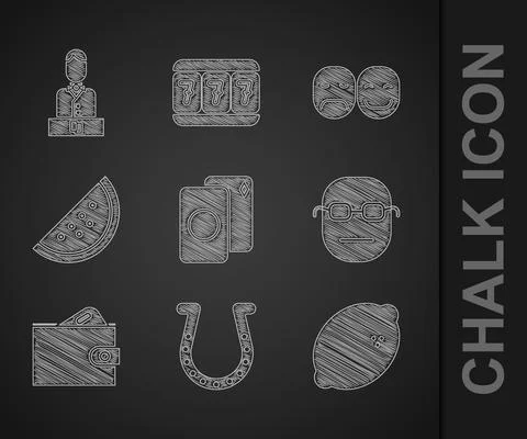 Set Deck of playing cards, Horseshoe, Casino slot machine with lemon, Poker Stock Illustration