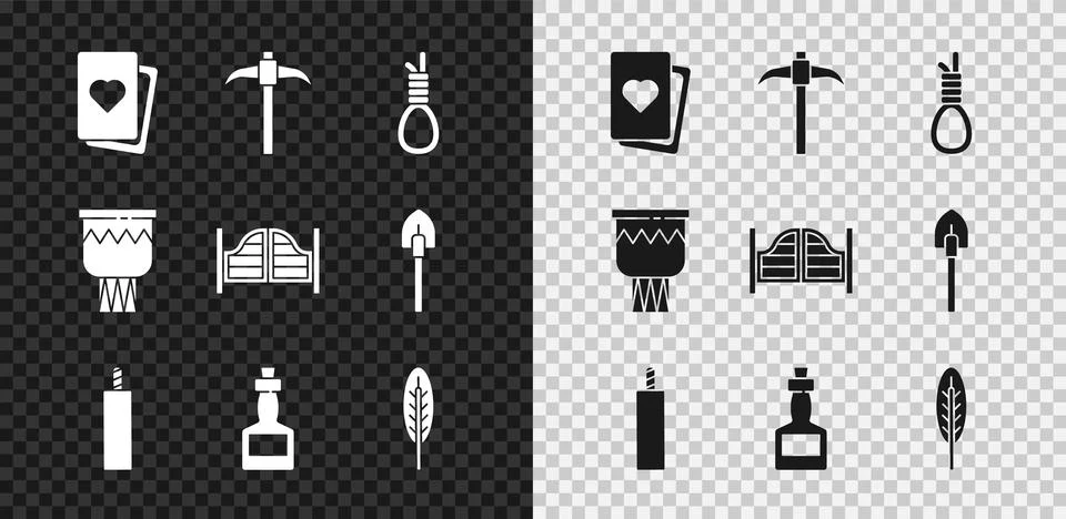 Set Deck of playing cards, Pickaxe, Gallows rope loop hanging, Dynamite bomb Stock Illustration