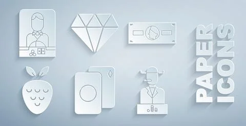 Set Deck of playing cards, Stacks paper money cash, Casino slot machine with Stock Illustration