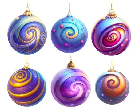 Set of decorated christmas balls with swirl motif isolated on white backgroun Stock Illustration