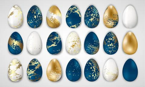 Set of decorated Easter eggs gold, blue, marble pattern Illustrazione stock