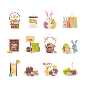 Set decorated egg and different easter elements collection happy spring holiday Illustrazione stock