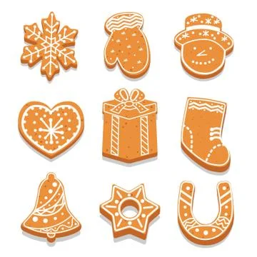 Set of decorated gingerbread cookies different shape, holiday treat, snowflake Illustrazione stock