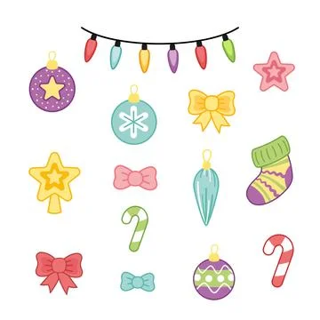 Set of decorations for Christmas tree. Decor for Christmas tree. Cartoon, vector Stock Illustration