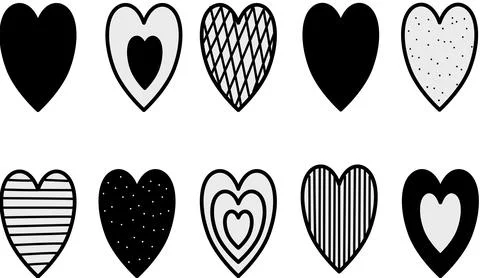 Set of decorative black and white doodle hearts, Stock Illustration
