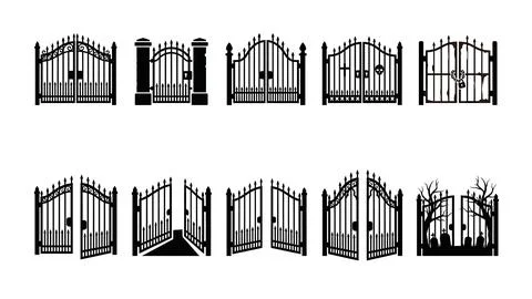 Set of decorative black wrought iron gate silhouettes Stock Illustration