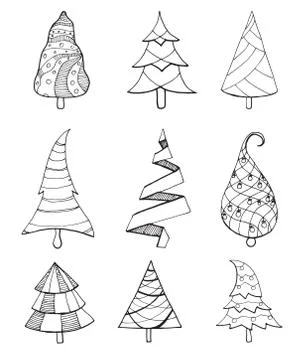 Set of decorative Christmas trees. Vector illustration in sketch style. Stock Illustration