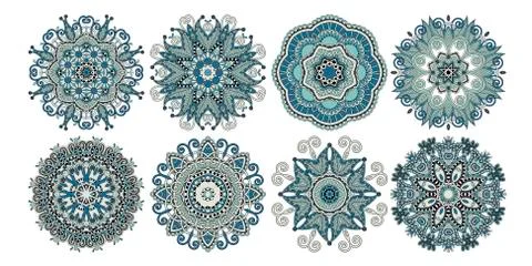 Set of decorative circle patterns, ethnic flower paisley design Stock Illustration
