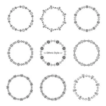 Set of decorative circular borders for design in ethnic style. Vector frames Stock Illustration