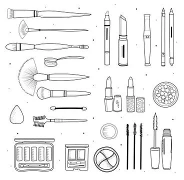 Set of decorative cosmetics, hand drawn style. Isolated elements. Stock Illustration