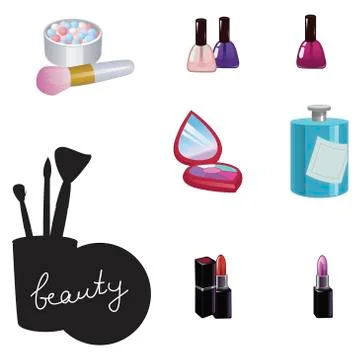Set of decorative cosmetics isolated on white background. Beauty inscription. Illustrazione stock