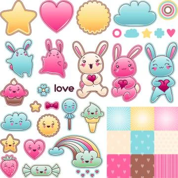 Set of decorative design elements with kawaii doodles Illustrazione stock