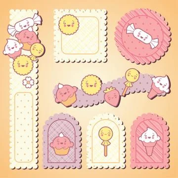 Set of decorative design elements with kawaii food Illustrazione stock