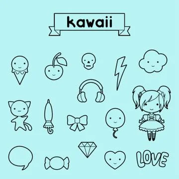 Set of decorative design elements kawaii doodles イラスト素材