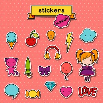 Set of decorative design elements kawaii doodles Illustrazione stock