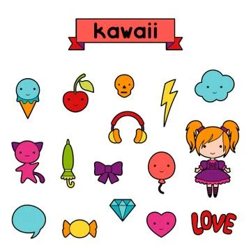 Set of decorative design elements kawaii doodles Illustrazione stock