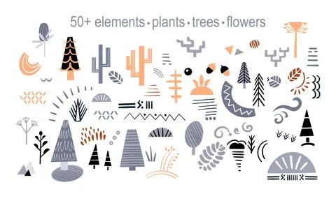 Set of decorative elements and flower plants from all over the world. Isolated Ilustração Stock