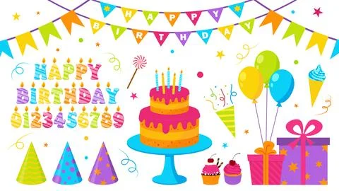 Set of decorative elements for children's birthday. Various items for the p.. Stock Illustration