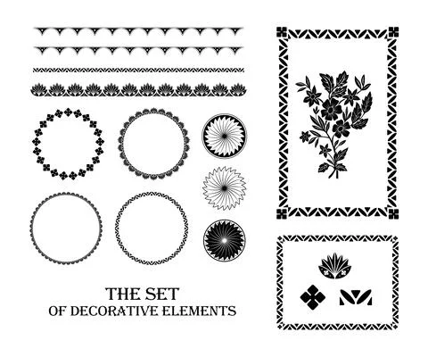 The set of decorative elements in ethnic style. Vintage patterns, frames and Stock Illustration