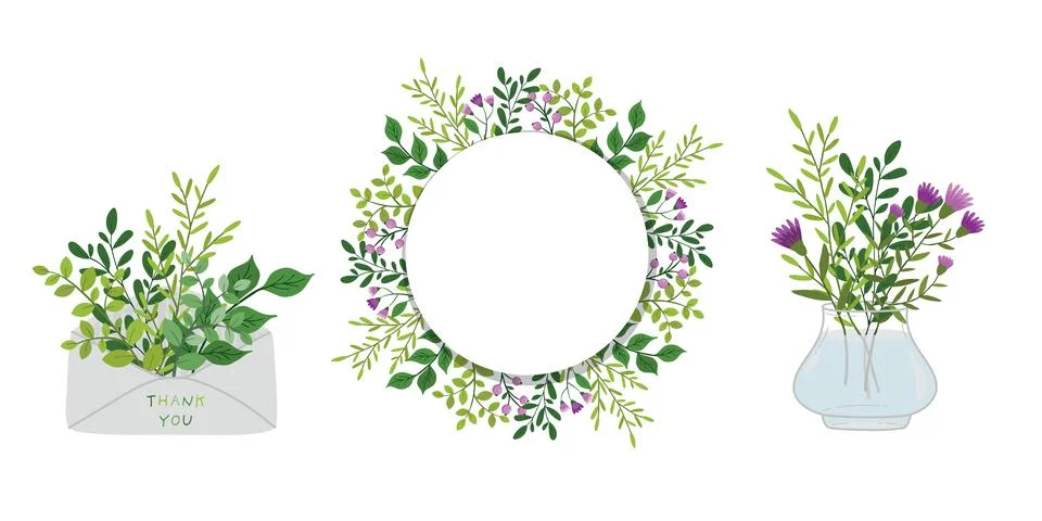 A set of decorative elements with flowers. Bouquet in a vase, frame and env.. Stock Illustration