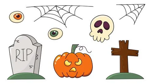 Set of decorative elements, Halloween decoration pumpkin, skull, tombstone, e Stock Illustration