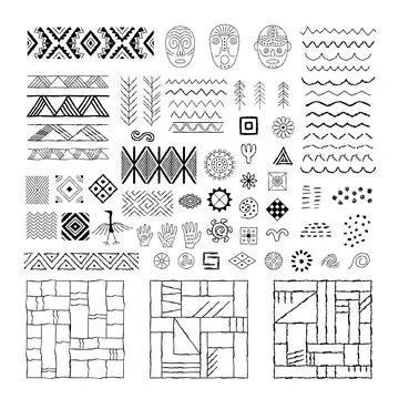 A set of decorative elements from rock art. Prehistoric drawings. Outline. Stock Illustration