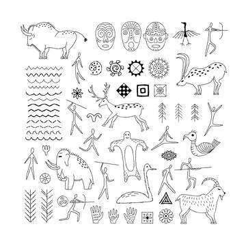 A set of decorative elements from rock art. Prehistoric drawings. Outline. Stock Illustration