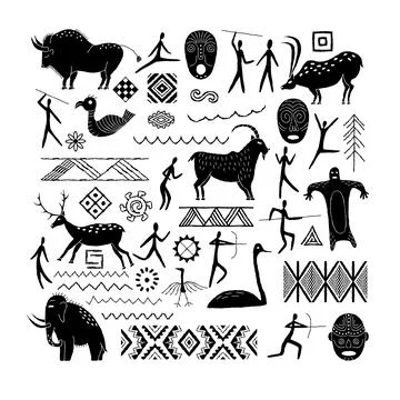 A set of decorative elements from rock art. Prehistoric drawings. Simple styl Stock-Illustration